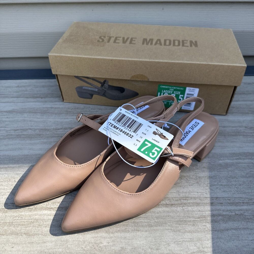 Steve Madden “Christyy” Women’s Classy Leather Pumps Low Block Heels (Tan) -7.5